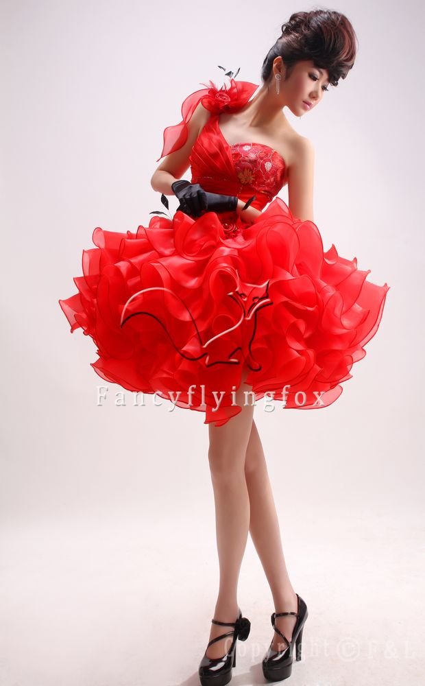 chic red organza one shoulder ball gown mini length cocktail dress 374