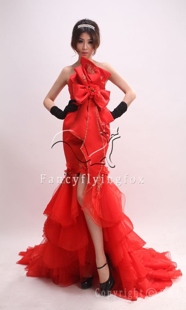 elegant red tulle srapless mermaid evening dress with ruffled skirt 381