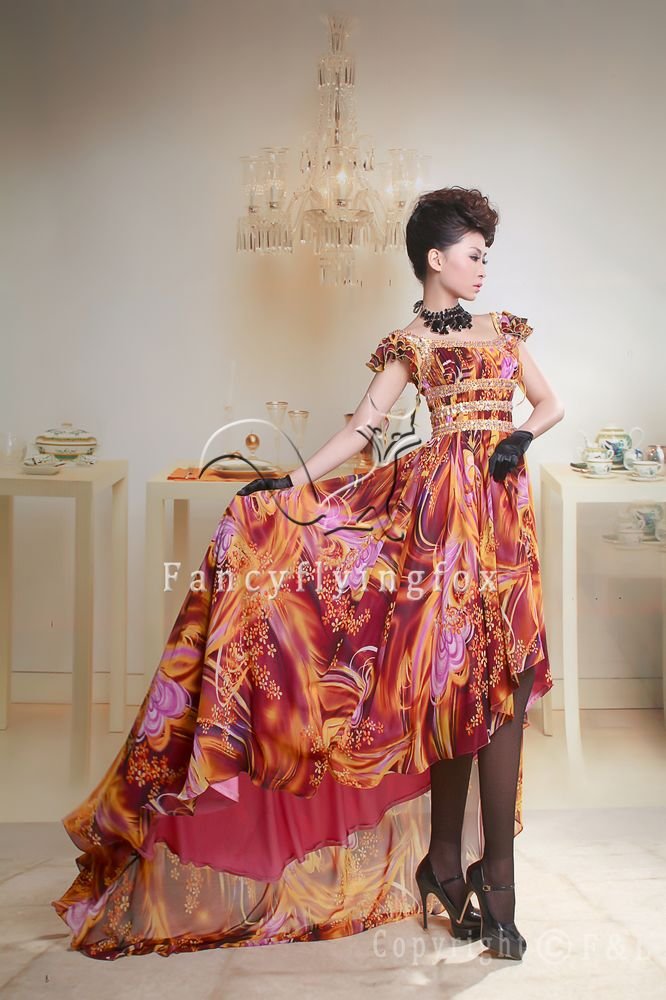 modern and sexy printed chiffon short sleeves a-line floor length evening dress y-037