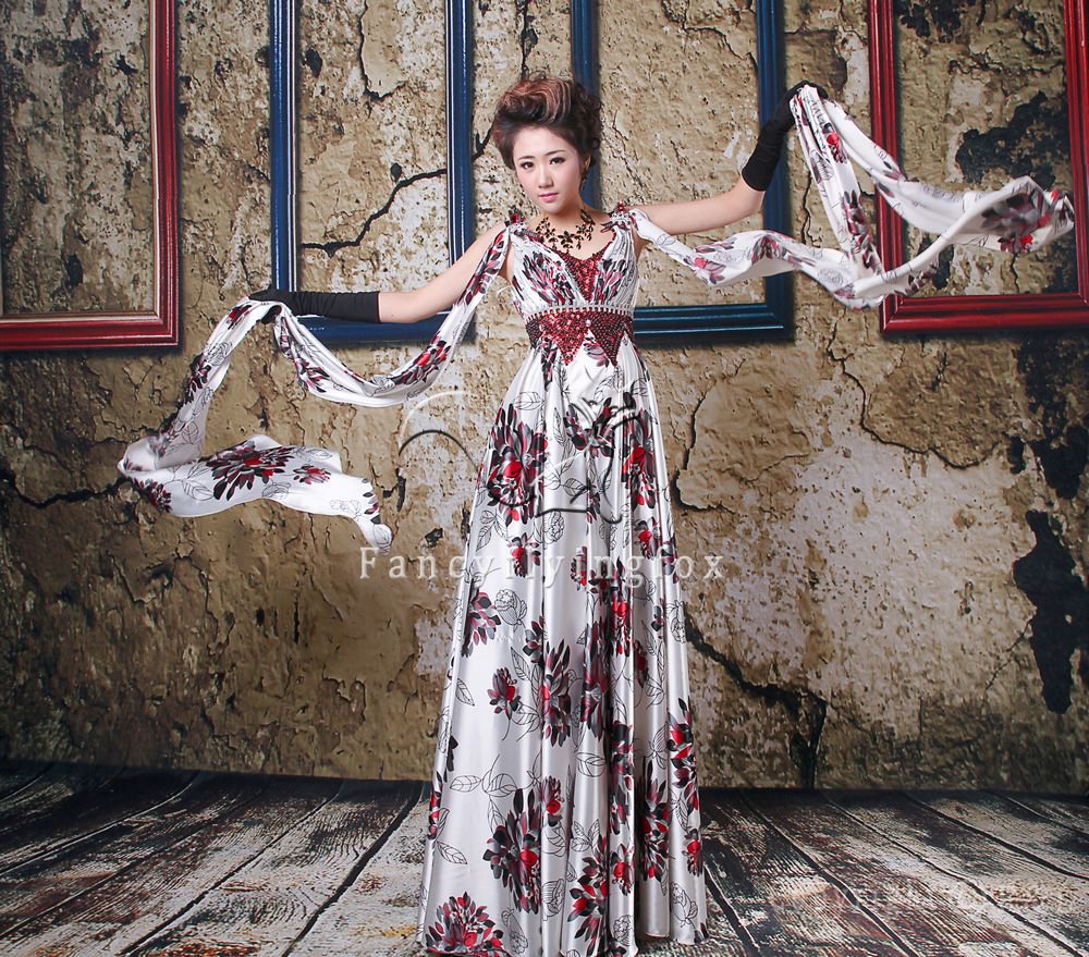 retro printed satin v-neck a-line floor length evening dress y-047