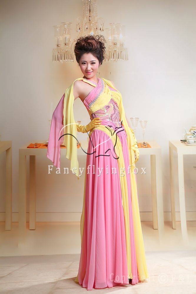 elegant pink and yellow chiffon column bridemaid dress y-048