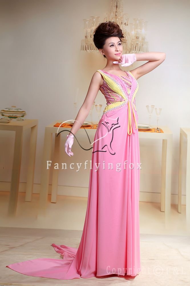 stunning pink and yellow chiffon v-neck a-line floor length evening dress y-049