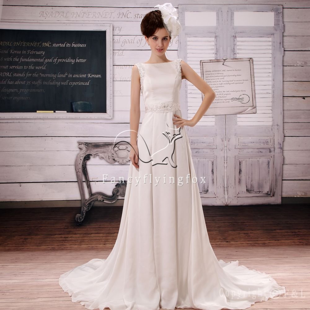 brilliant white chiffon and satin portrait neck a-line floor length wedding dress F-017