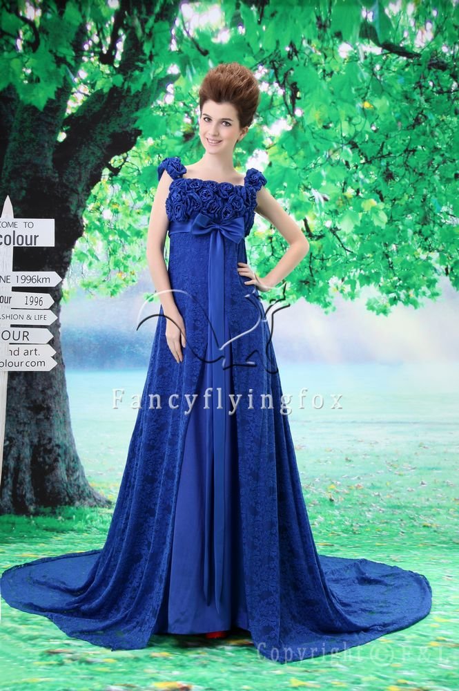 2013 elegant royal blue lace floral straps empire evening dress F-020