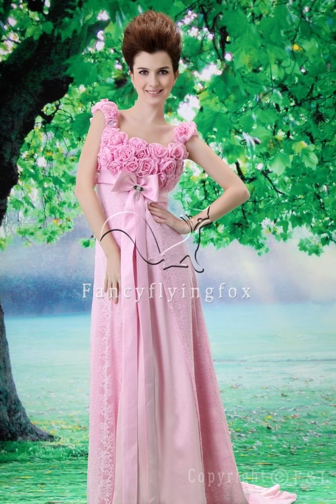 sweet pink lace floral empire floor length pink weding dress F-020