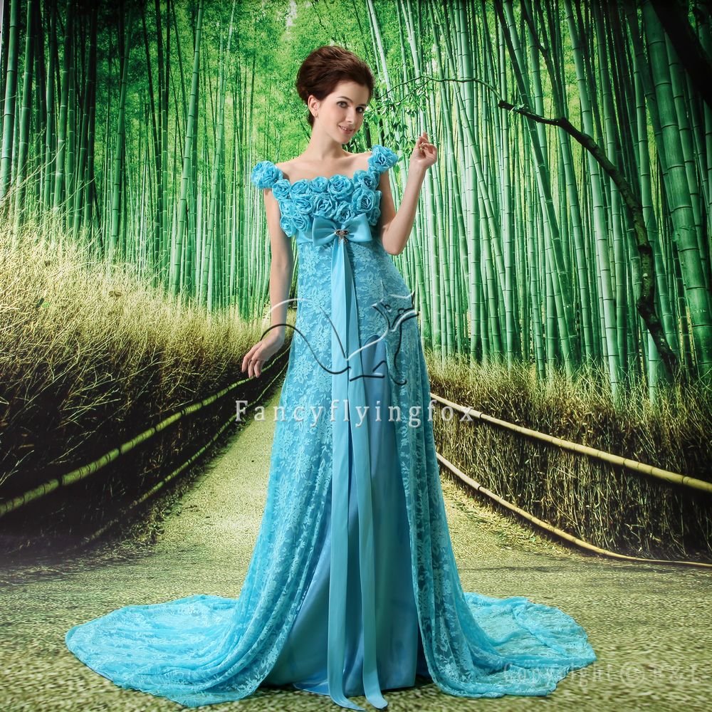 elegant sky blue lace floral straps a-line floor length prom dress F-020