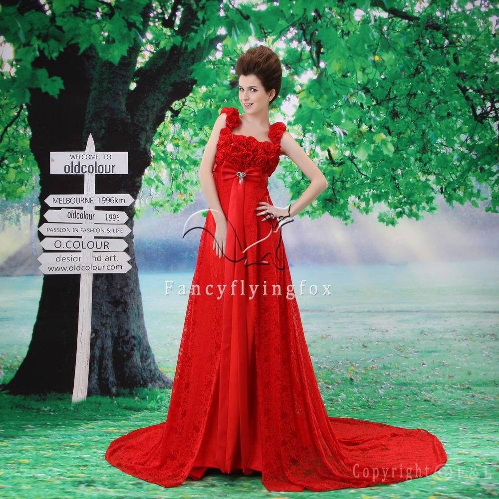 sexy and modern hot red lace floral straps a-line floor length evening dress F-020