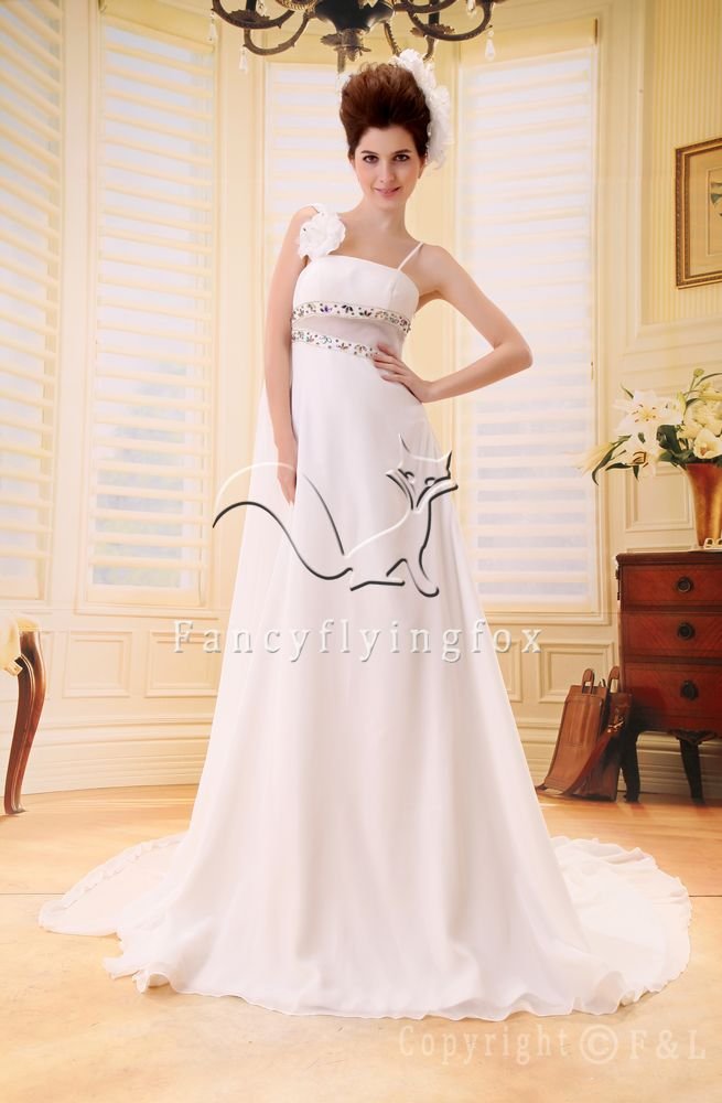 modest white chiffon asymmetrical neck a-line floor length beach casual wedding dress F-027