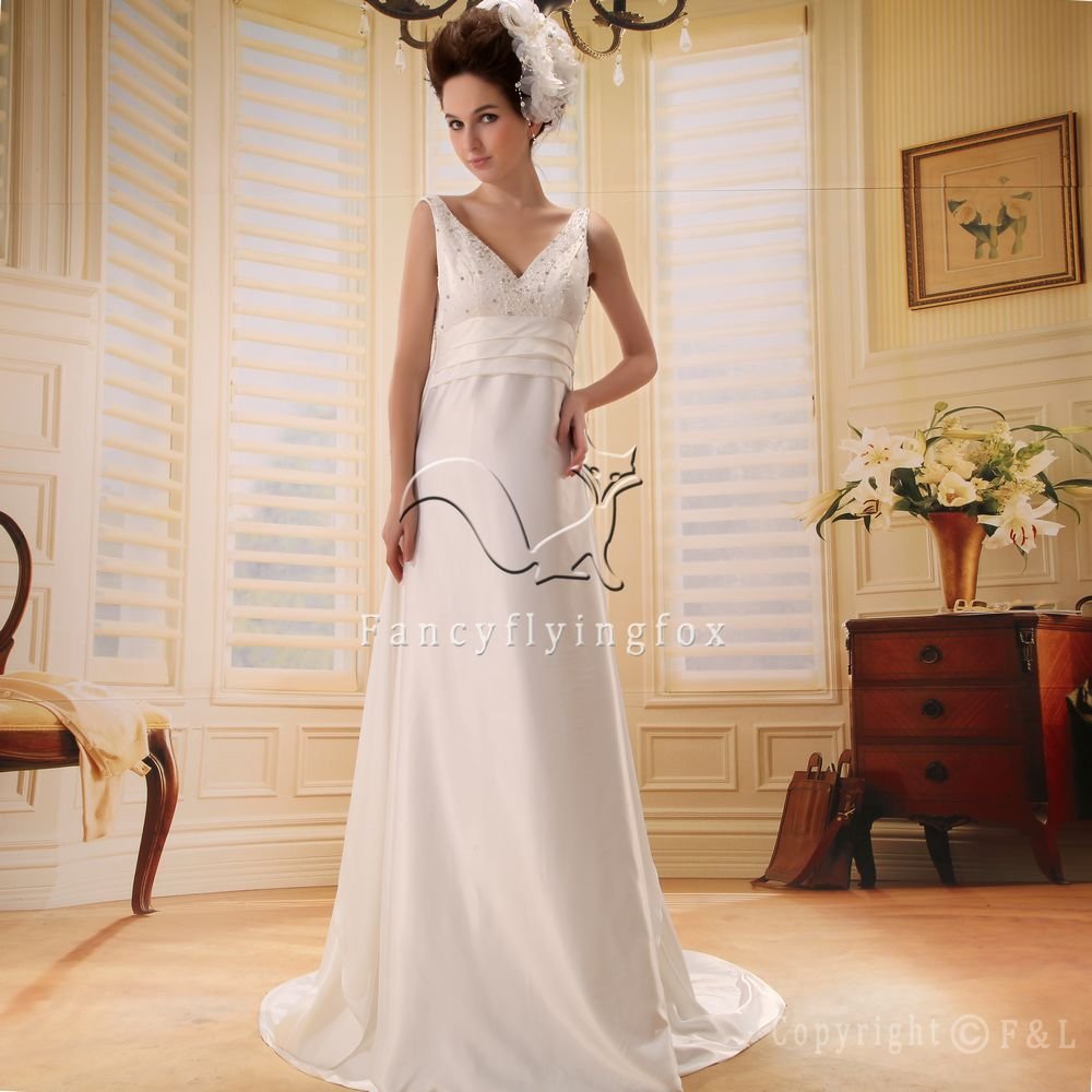 2013 modest white satin v-neck empire maternity wedding dress F-028