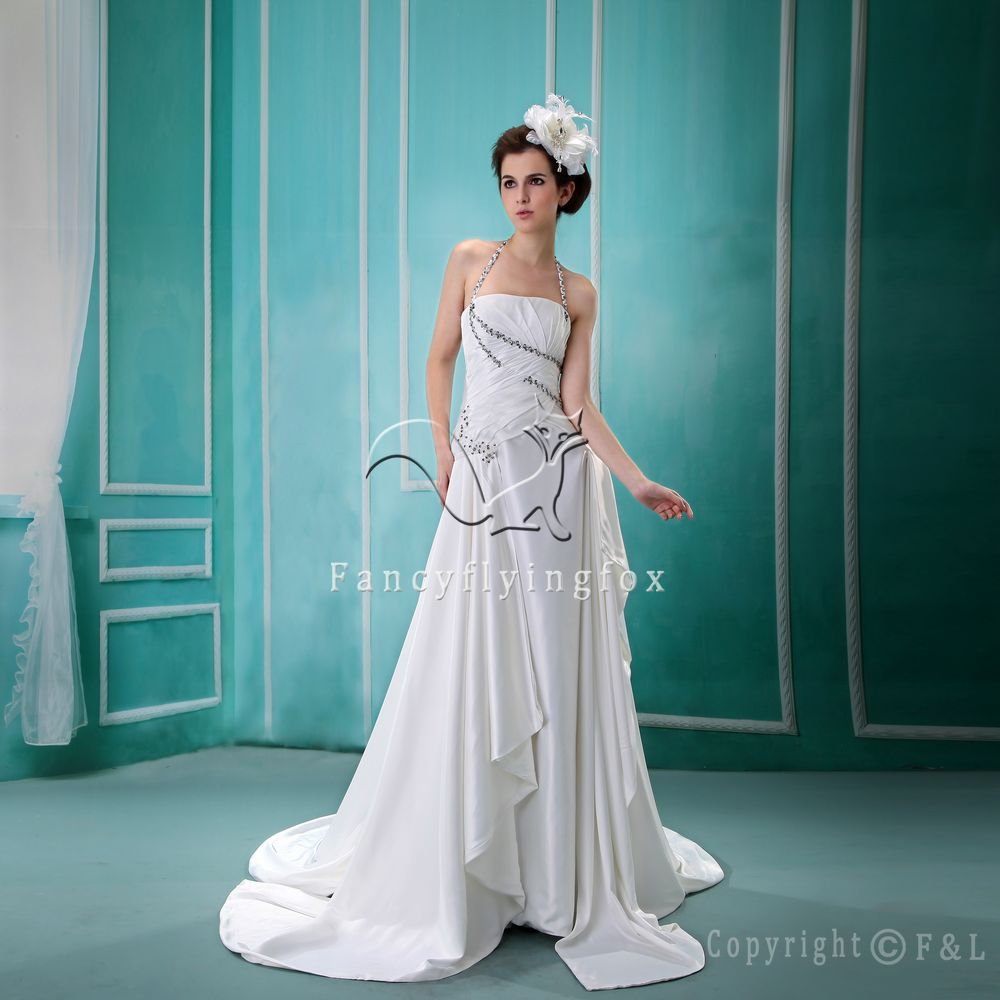 sexy and modern halter satin white a-line floor length wedding dress F-039