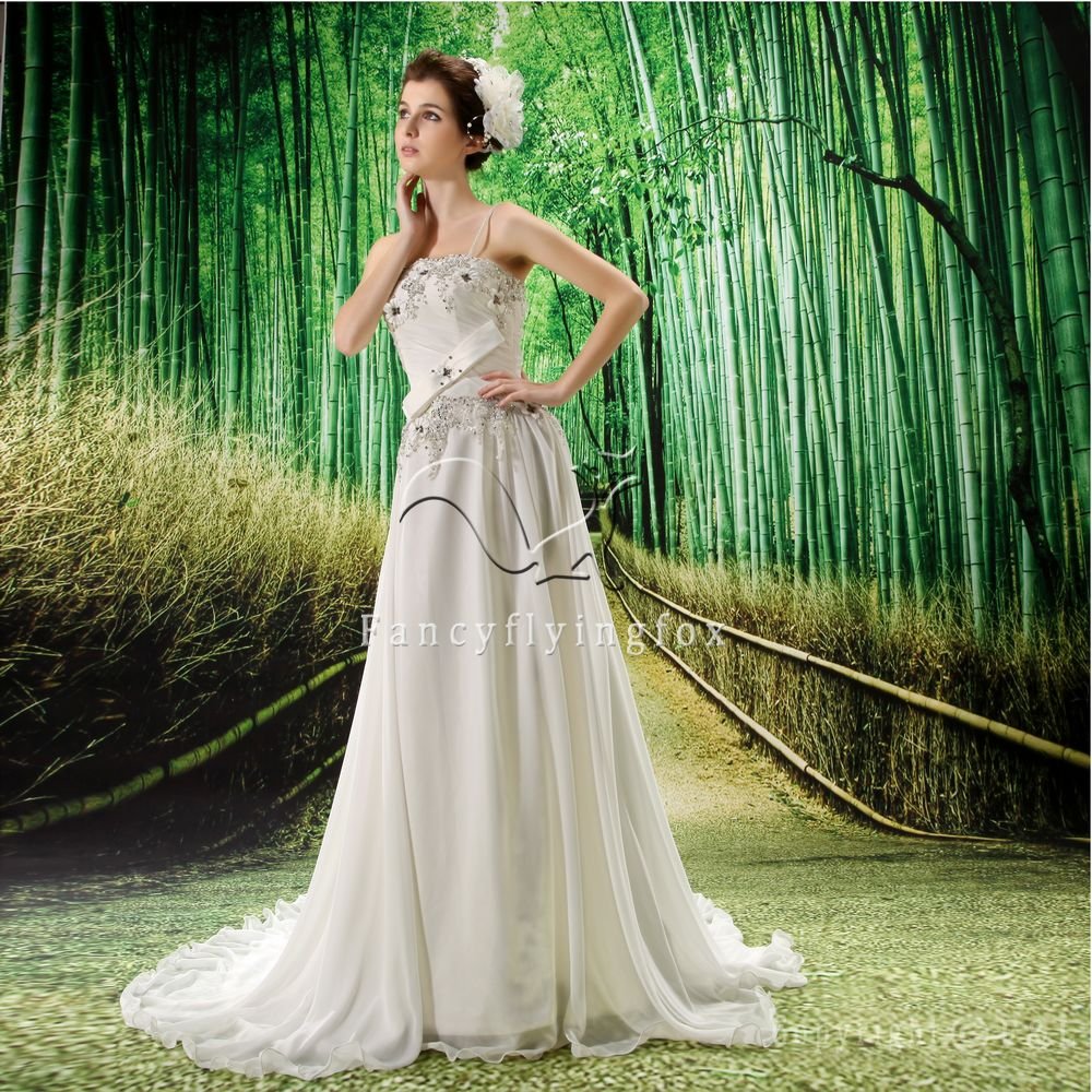classic and modern white chiffon spaghetti straps a-line casual beach wedding dress F-041