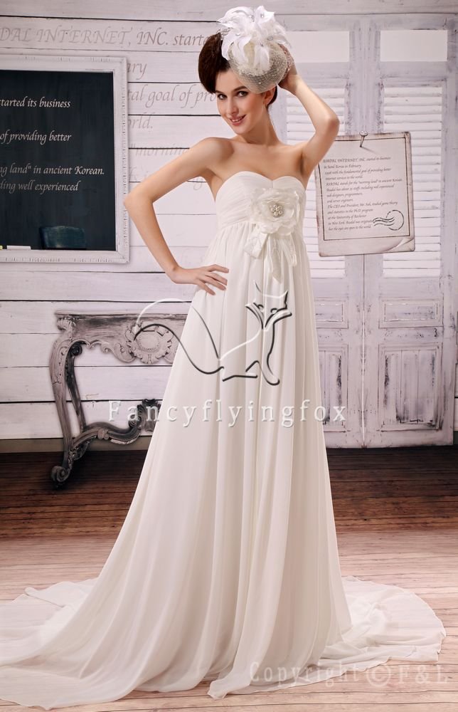 modest white chiffon sweetheart empire maternity wedding dress F-044