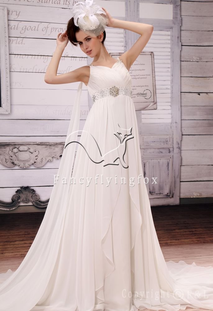 elegant white chiffon v-neck a-line floor length beach casual wedding dress F-048