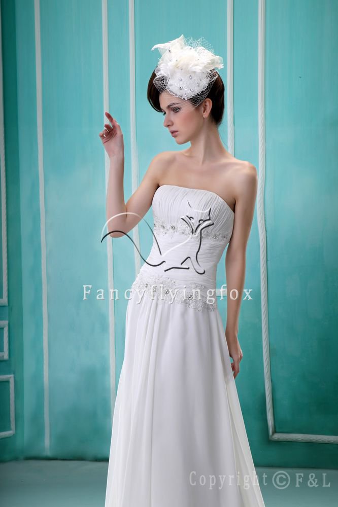charming and elegant white chiffon strapless a-line floor length beach wedding dress F-050