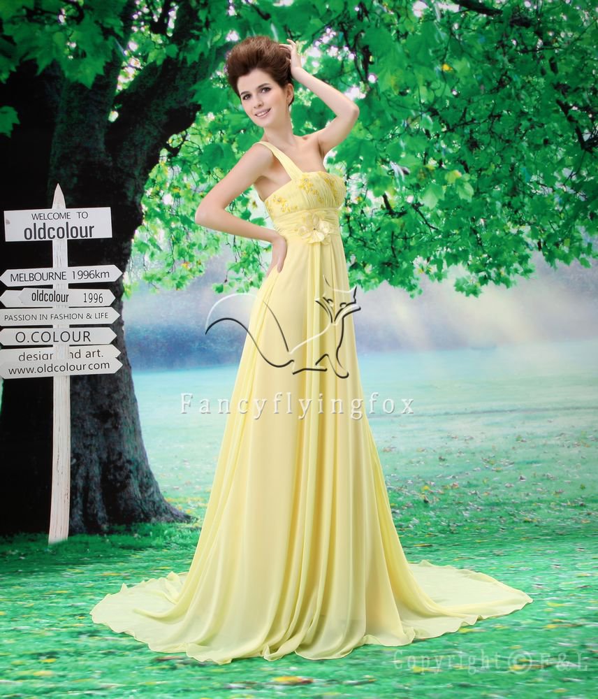 charming and elegant daffodil chiffon one shoulder a-line floor length evening dress F-051