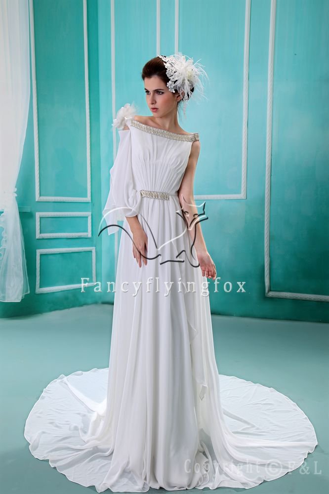 unique bateau neck asymmetrical sleeves a-line floor length beach casual wedding dress F-053
