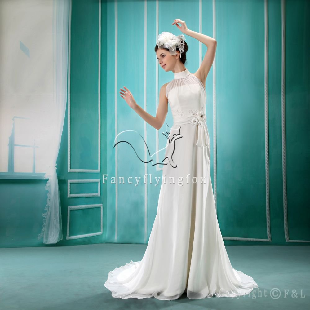 elegant halter neck a-line floor length beach casual wedding dress F-067