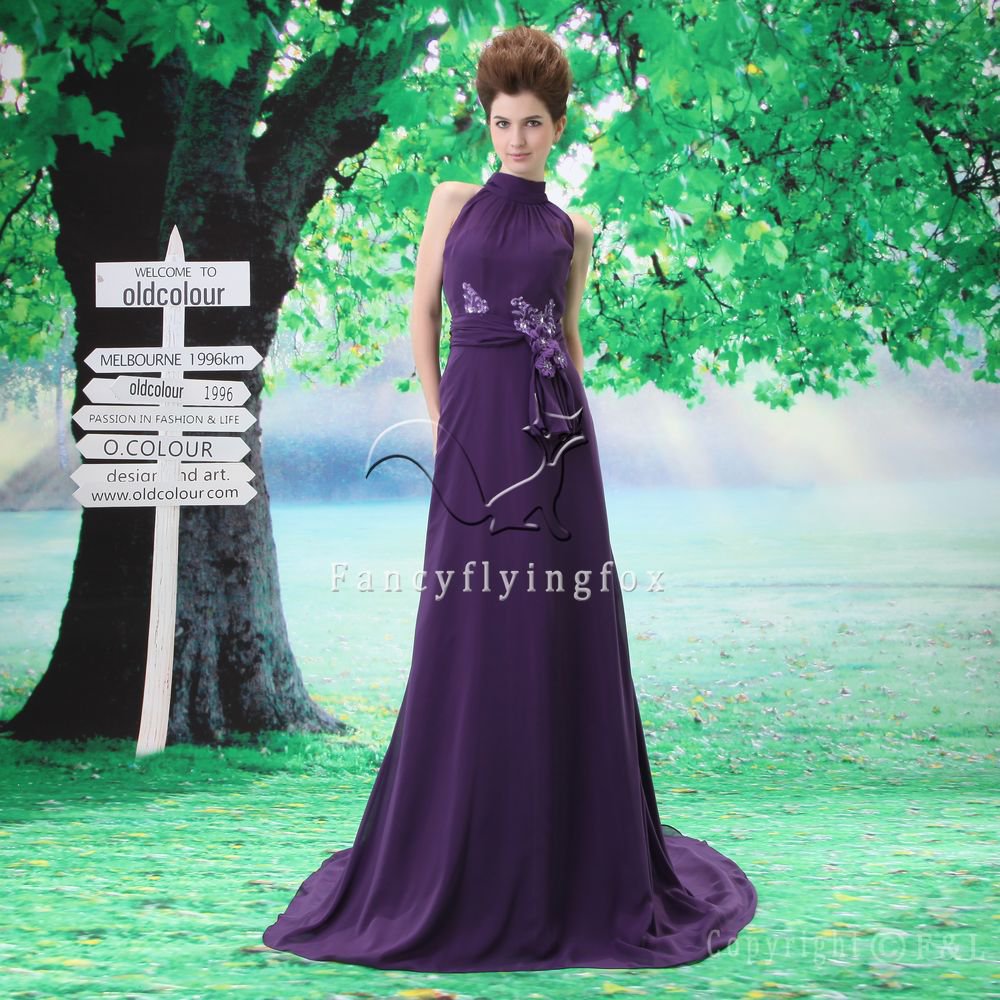 charming purple chiffon halter neck a-line floor length evening dress F-067