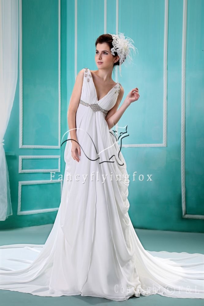 elegant white chiffon v-neck empire maternity wedding dress L-001