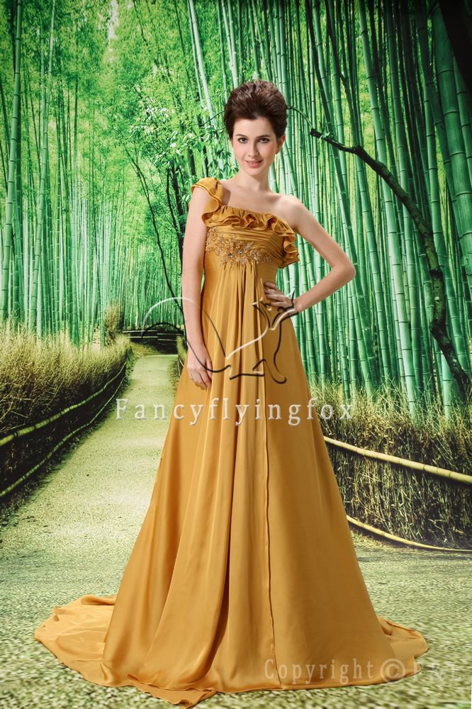 modest gold chiffon one shoulder empire evening dress L-004
