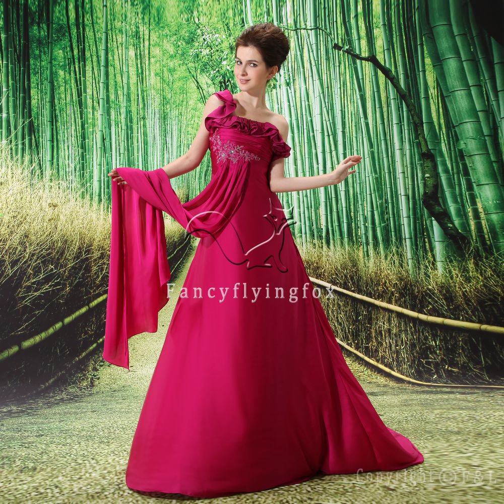 sexy burgundy chiffon one shoulder long formal evening dress L-004