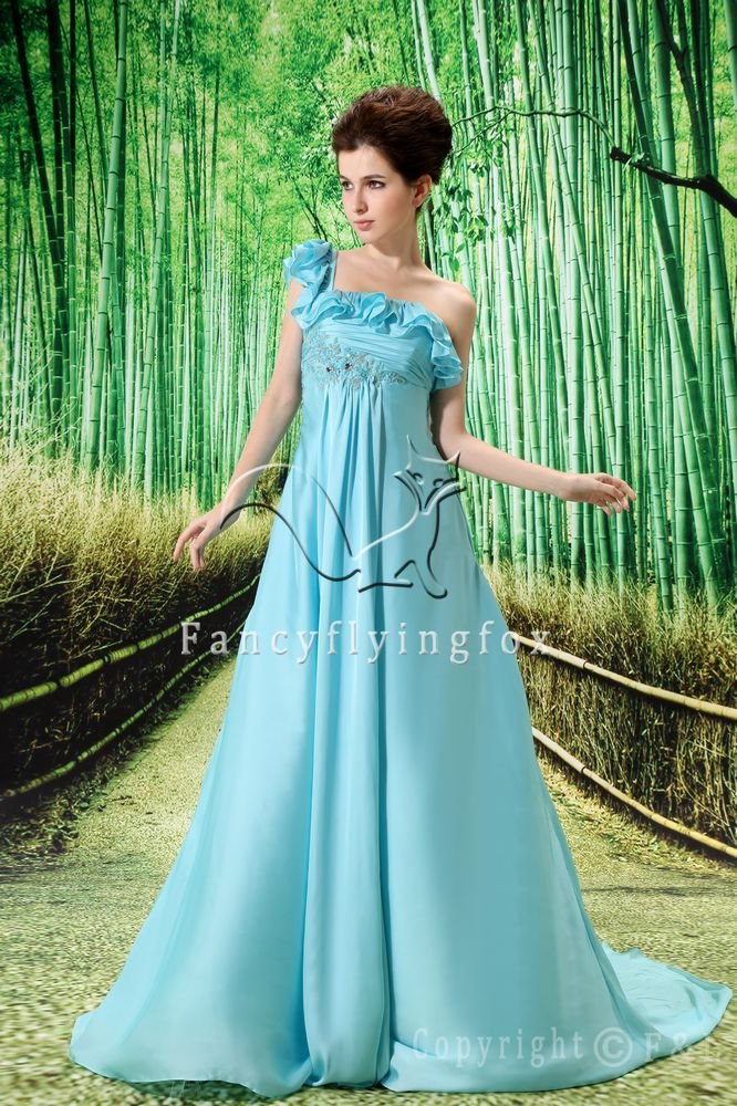sky blue chiffon one shoulder empire prom dress L-004