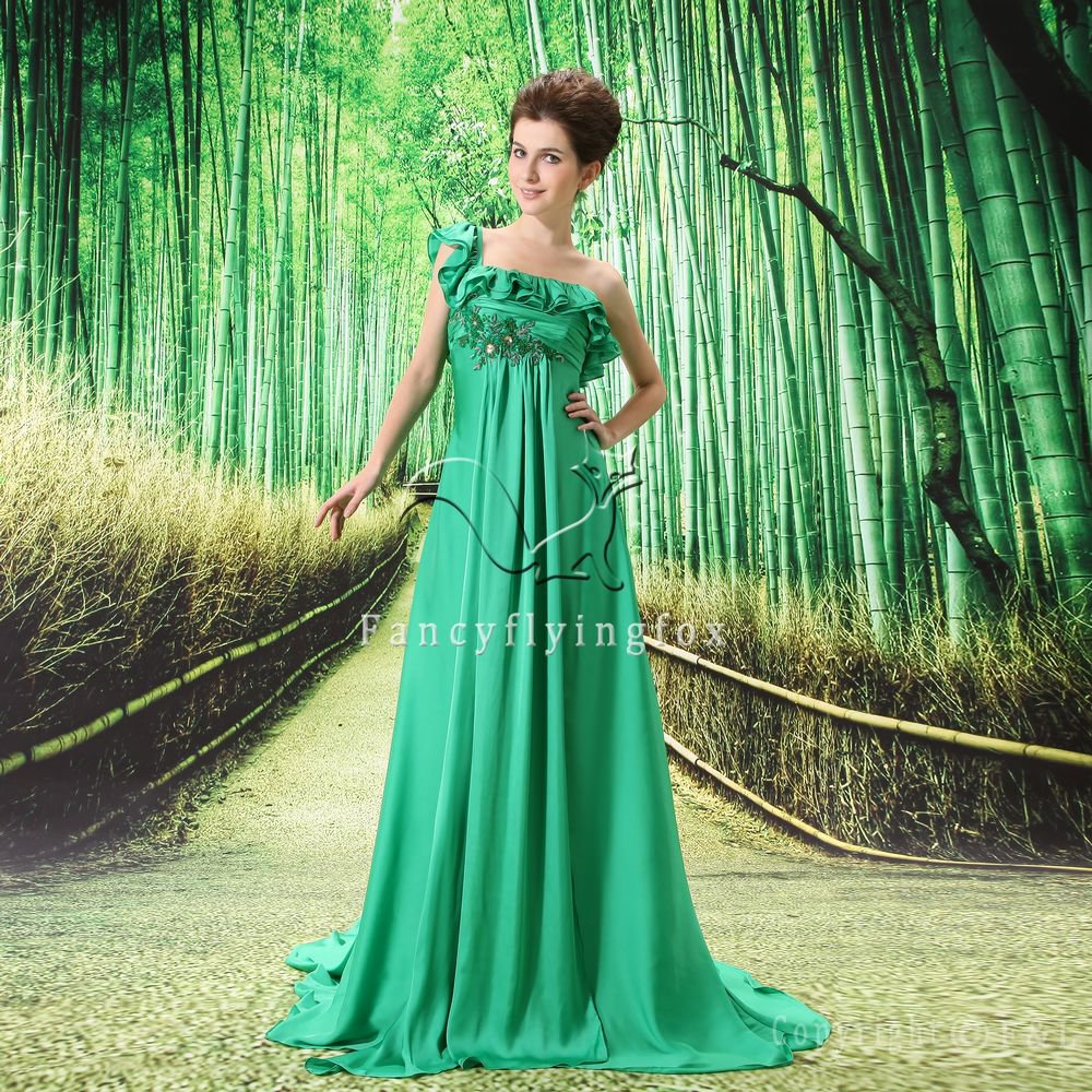 elegant green chiffon one shoulder empire long full length prom dress L-004