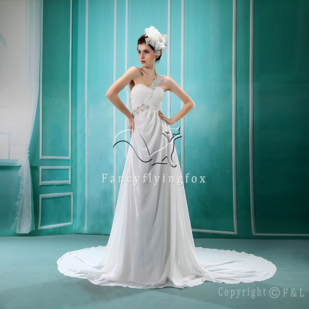 charming white chiffon one shoulder a-line floor length beach casual wedding dress L-007