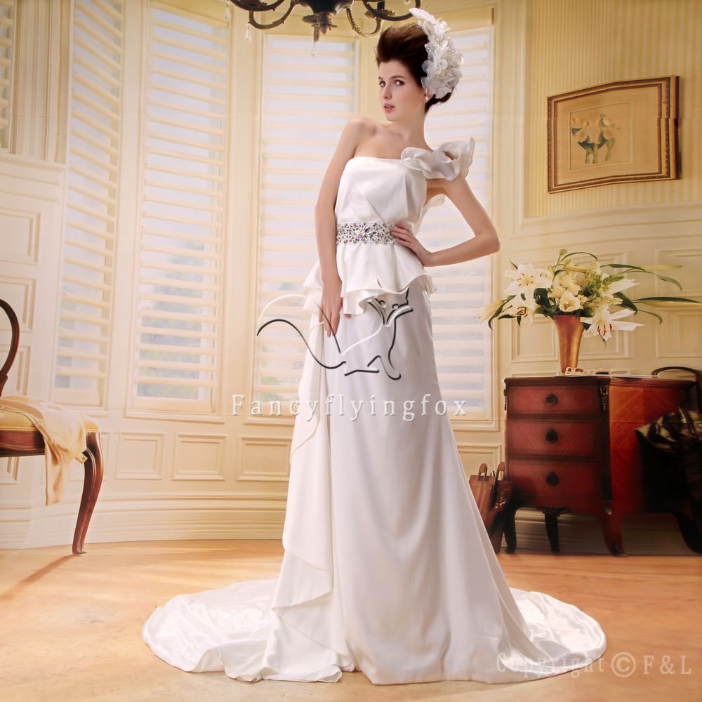 elegant satin one shoulder a-line floor length wedding dress L-010