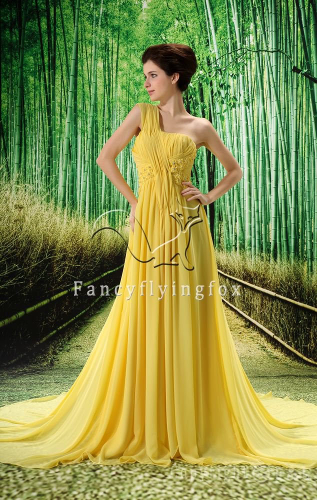 one shoulder yellow chiffon one shoulder a-line floor length evening dress L-019