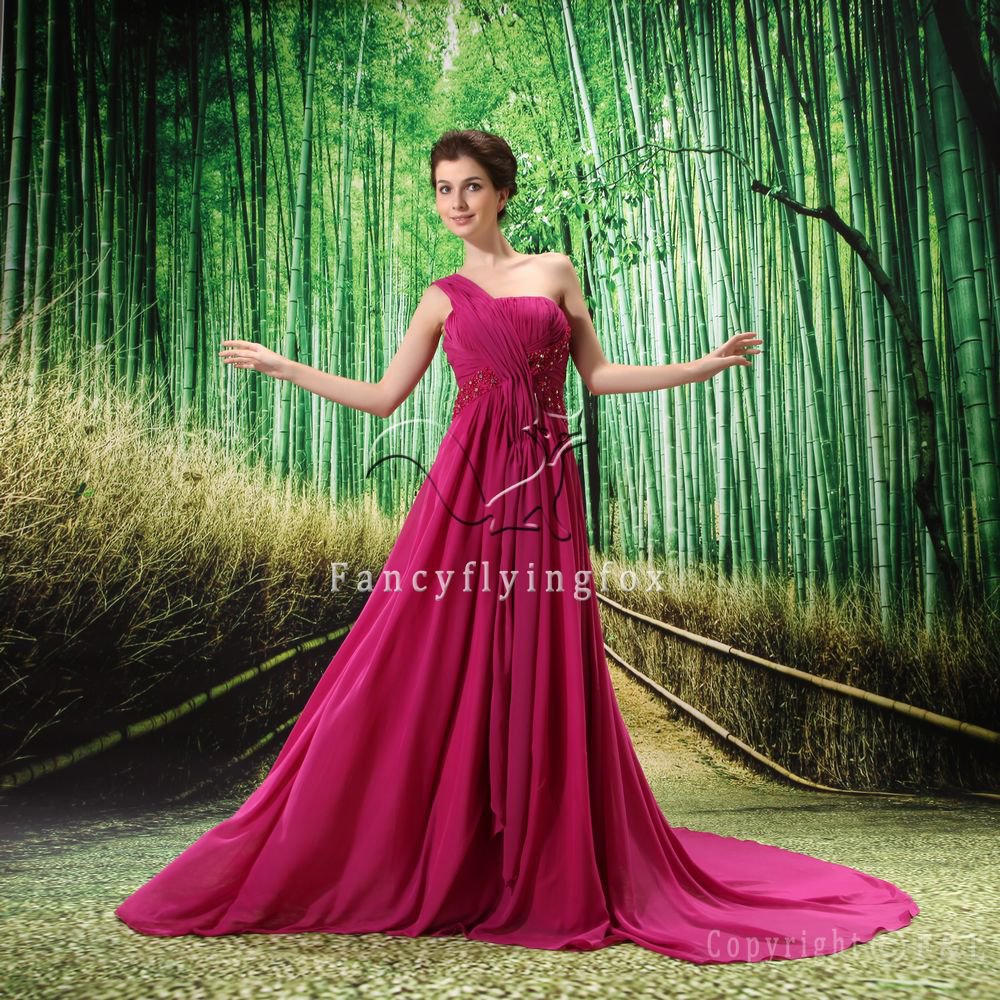 fuchsia chiffon one shoulder a-line formal evening dress L-019