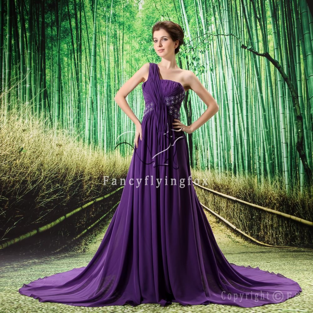 charming purple chiffon one shoulder a-line floor length prom dress L-019