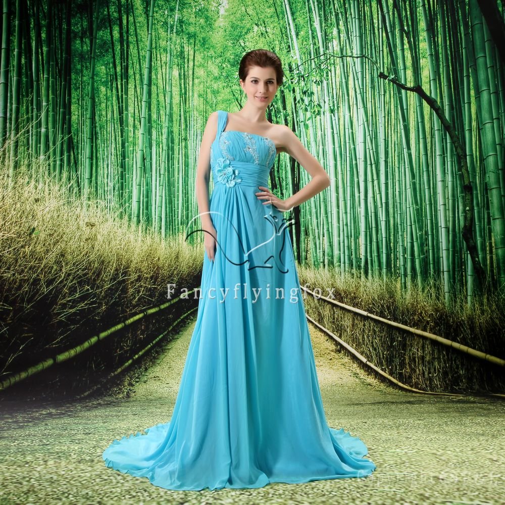 elegant sky blue chiffon one shoulder a-line floor length formal evening dress L-020