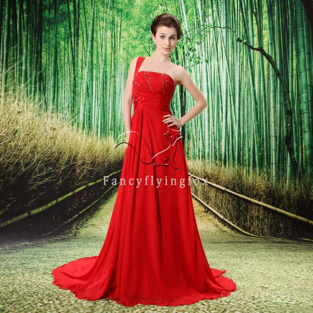 sexy red chiffon one shoulder a-line floor length prom dress L-020
