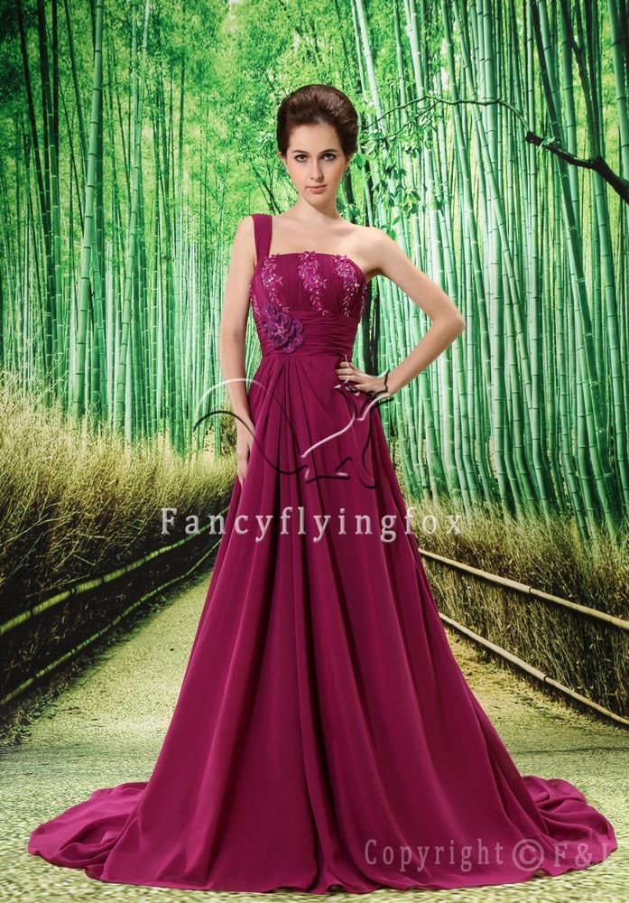 modest grape chiffon one shoulder a-line floor length formal evening dress L-020