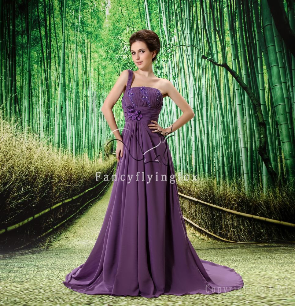 elegant purple chiffon one shoulder a-line floor length evening dress L-020