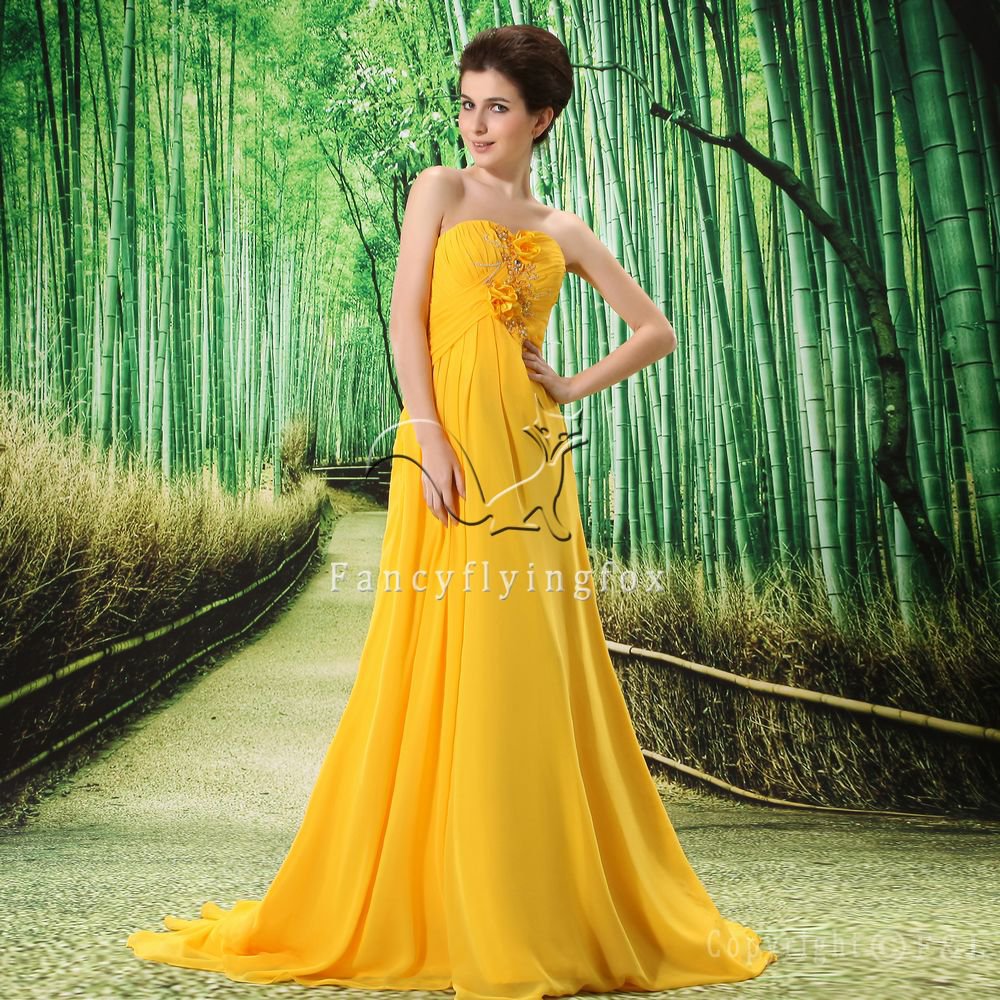 elegant gold yellow chiffon strapless a-line floor length evening dress L-022