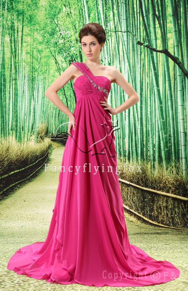 affordable fuchsia chiffon one shoulder a-line floor length bridesmaid dress L-023