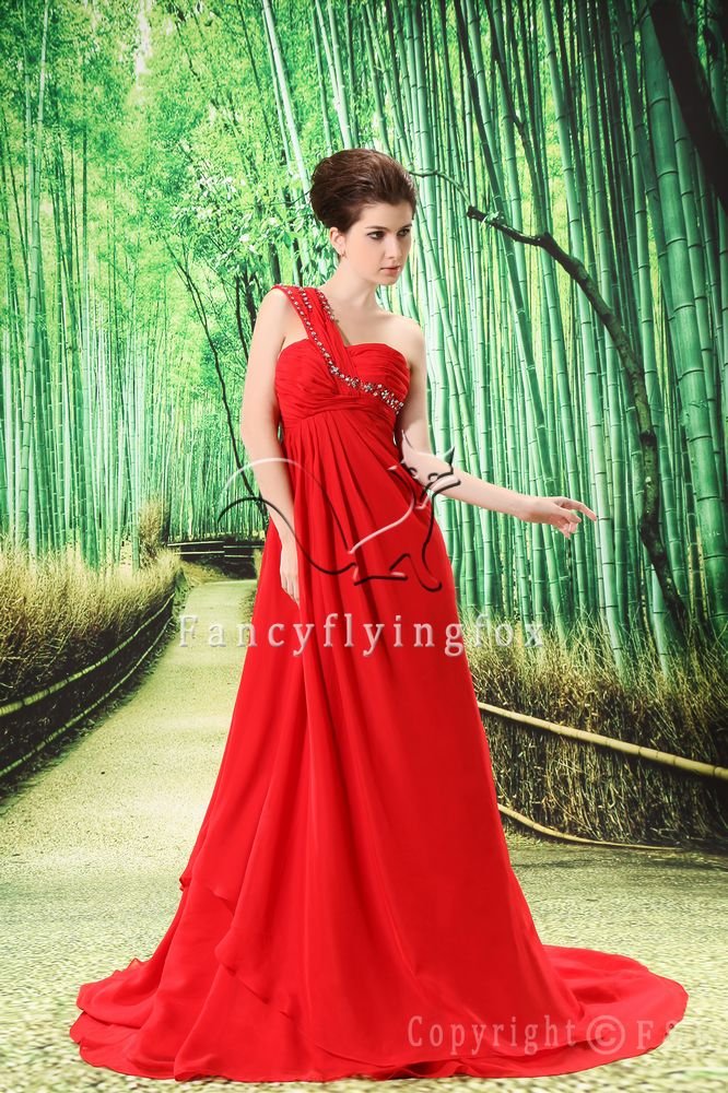 cheap red chiffon one shoulder empire maternity prom dress L-023