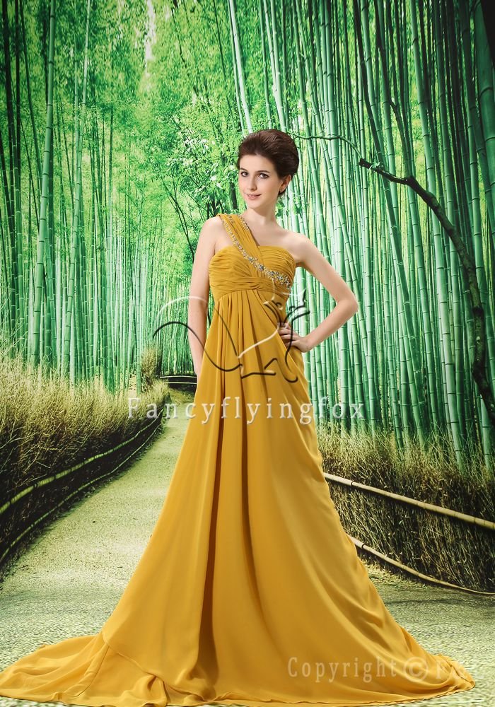 modest asymmetrical gold chiffon one shoulder a-line mother of the bride dress L-023