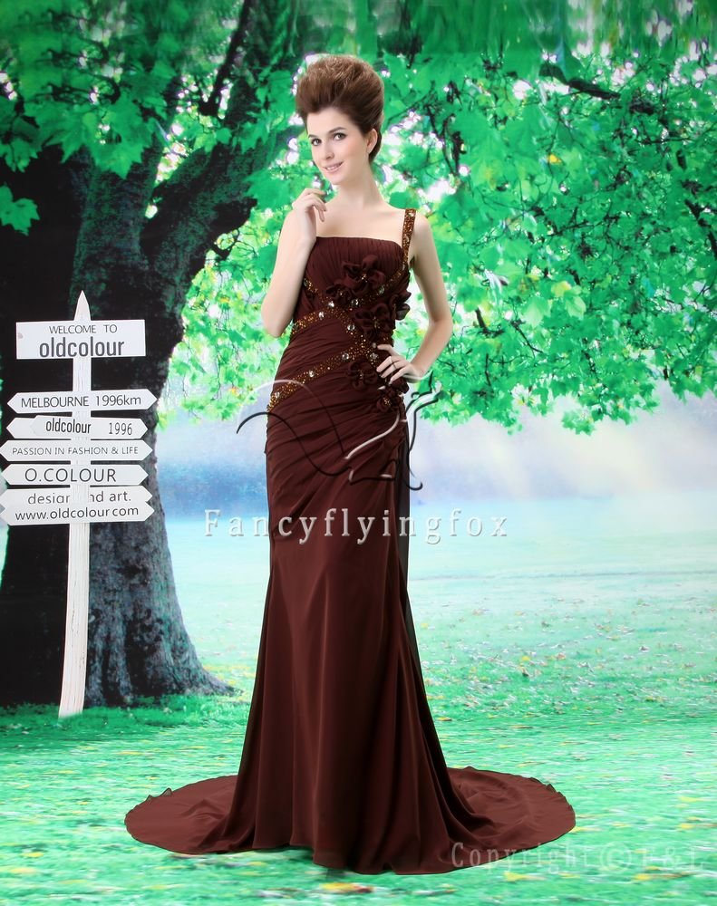 affordable chocolate chiffon one shoulder a-line floor length mother of the bride dress L-024