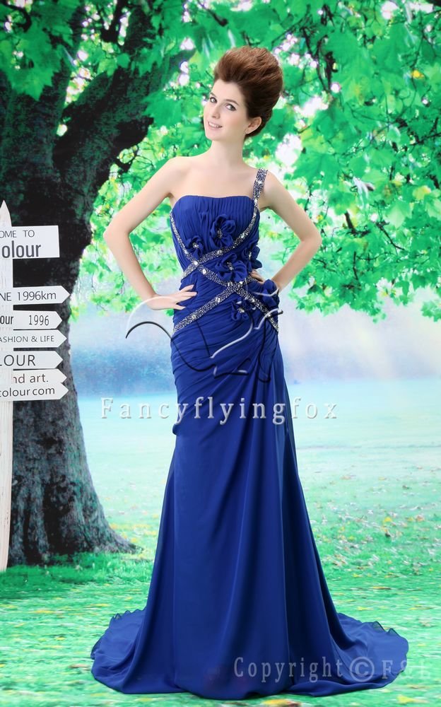 royal blue chiffon one shoulder a-line floor length evening dress L-024