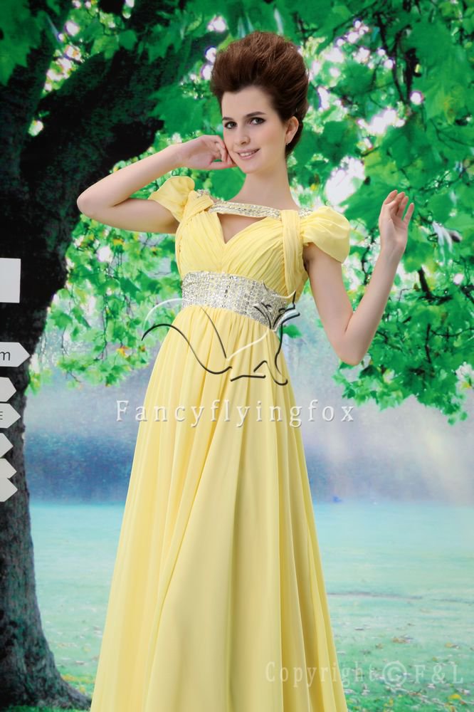cheap daffodil chiffon short sleeves a-line floor length evening dress L-025