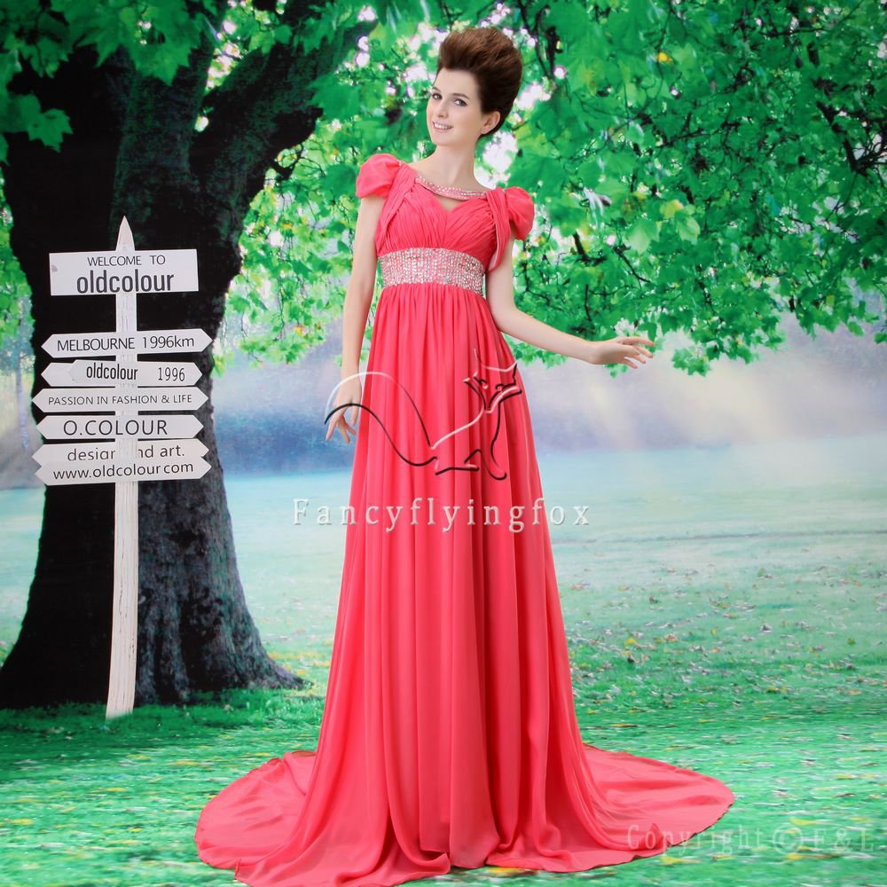stunning water melon chiffon cap sleeves a-line floor length evening dress L-025