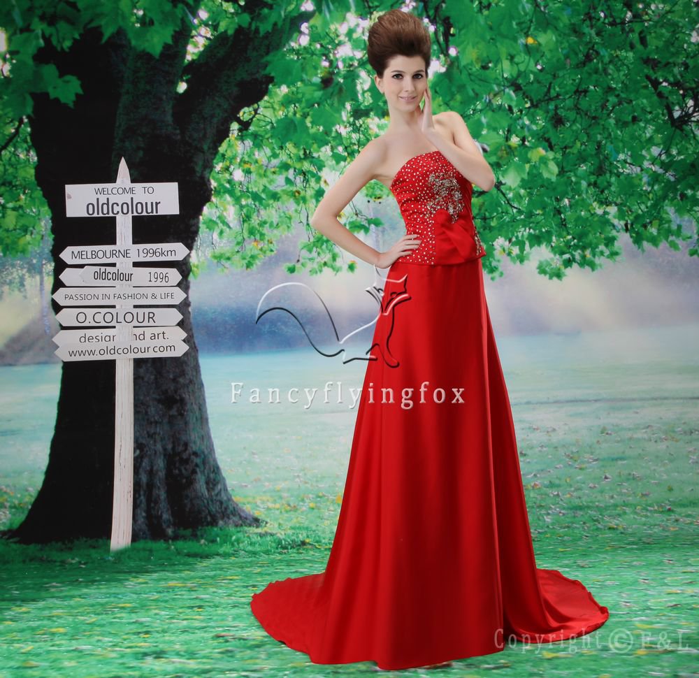 gorgeous red satin strapless a-line floor length red wedding dress L-027