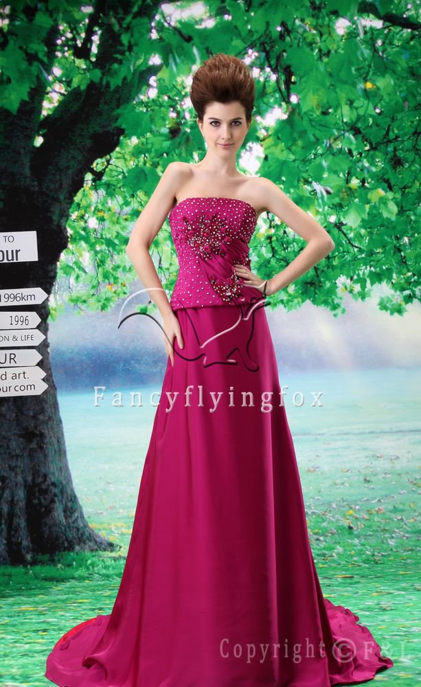 couture design fuchsia satin strapless a-line floor length evening dress L-027