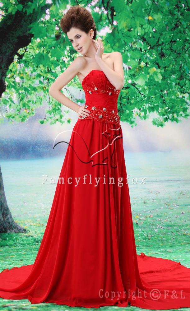 sexy hot red chiffon strapless a-line floor length evening dress L-028