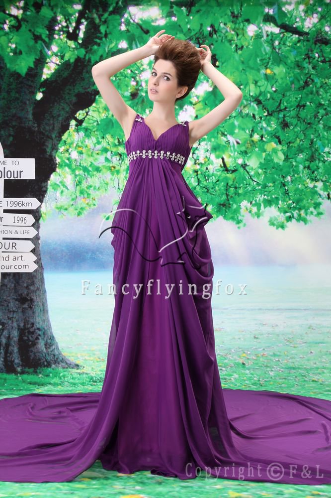 gorgeous deep v-neck purple chiffon a-line floor length evening dresses L-034