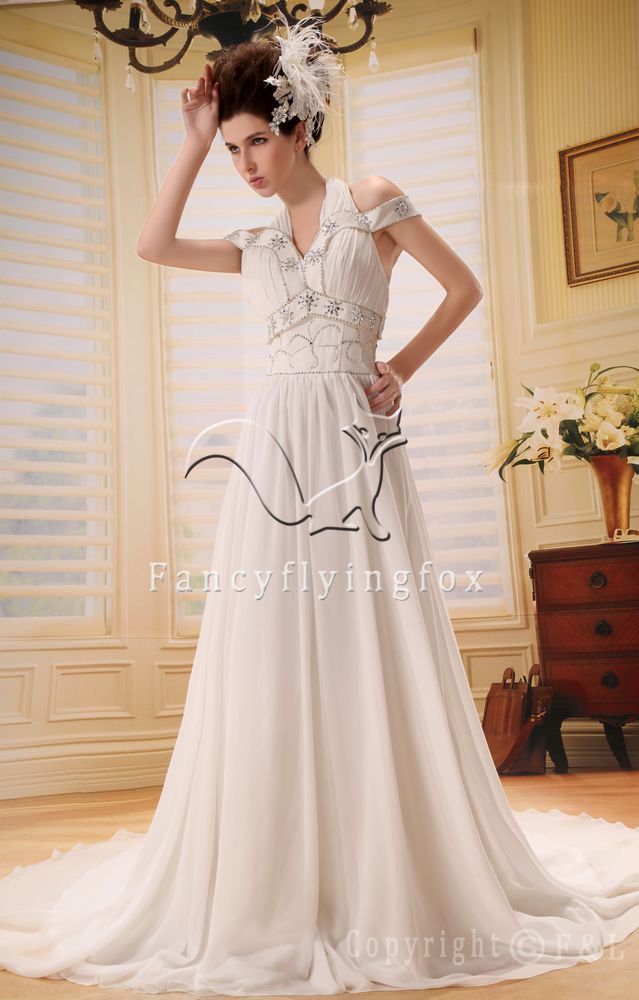 elegant and cheap white chiffon halter a-line floor length beach wedding dress L-035