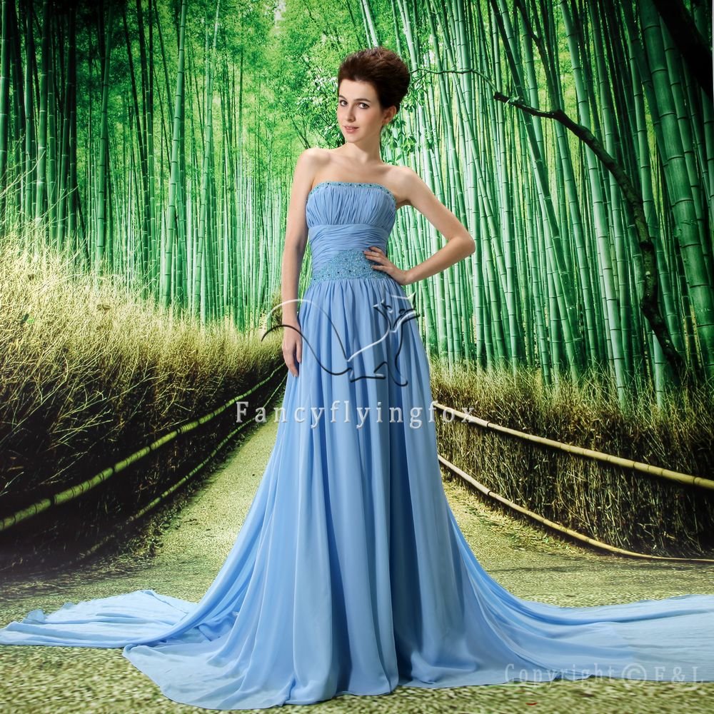 noble ice blue chiffon strapless a-line floor length prom dress with ruched bust L-037